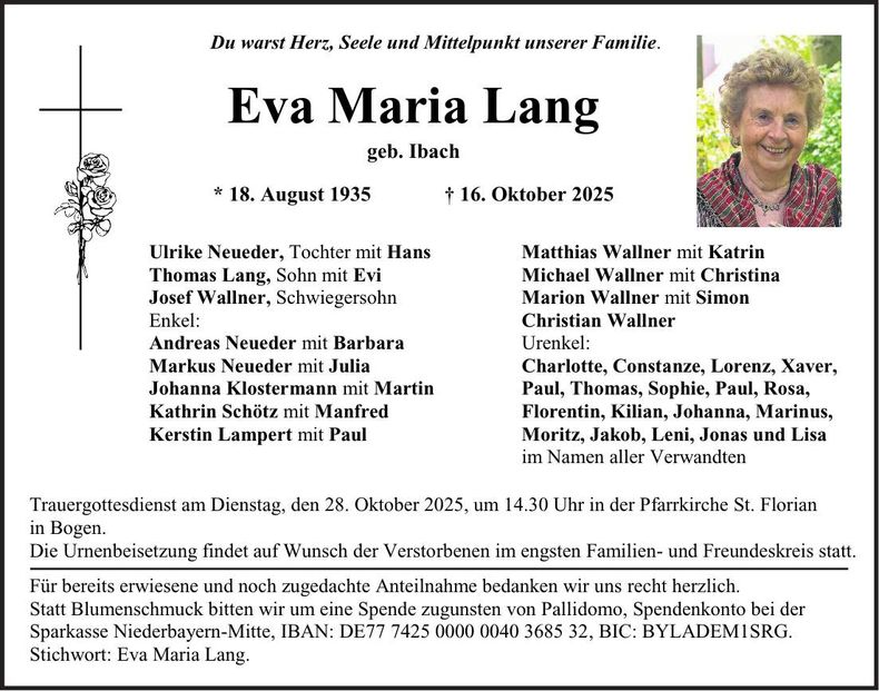Traueranzeige Eva Maria Lang