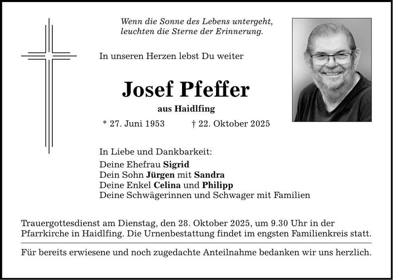 Traueranzeige Josef Pfeffer
