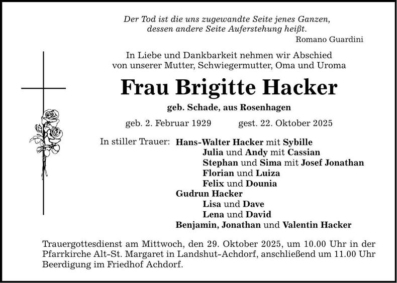 Traueranzeige Brigitte Hacker
