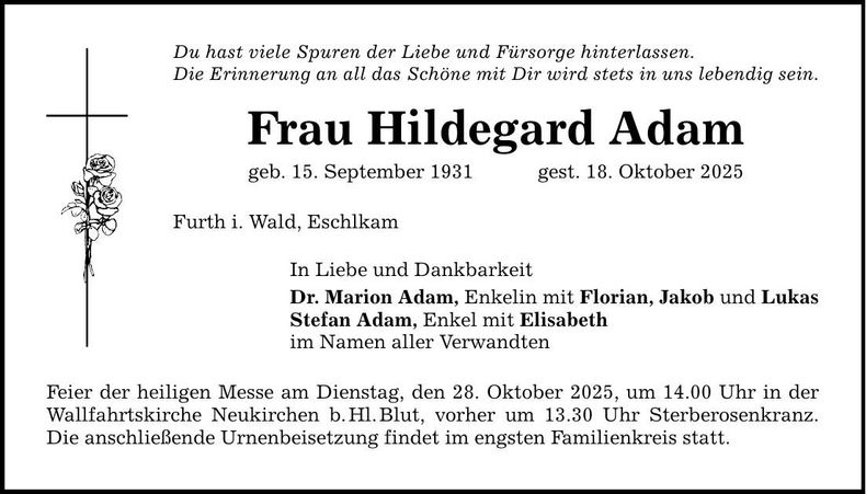 Traueranzeige Hildegard Adam