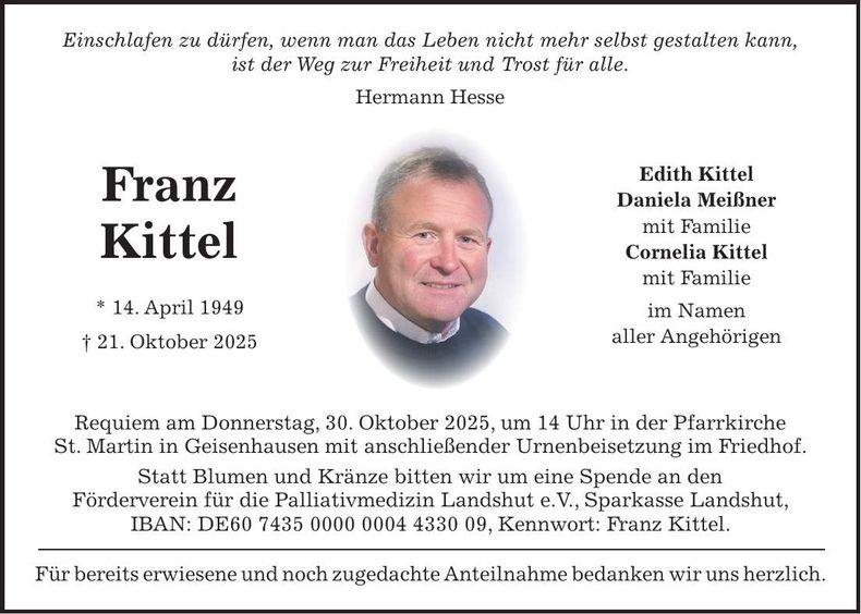 Traueranzeige Franz Kittel