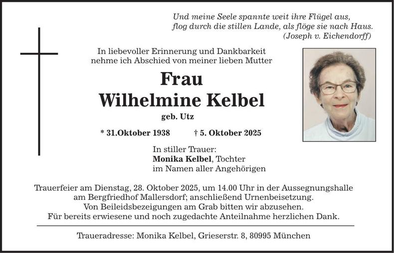 Traueranzeige Wilhelmine Kelbel