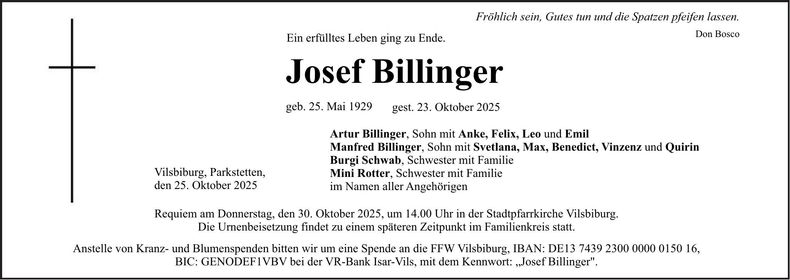 Traueranzeige Josef Billinger