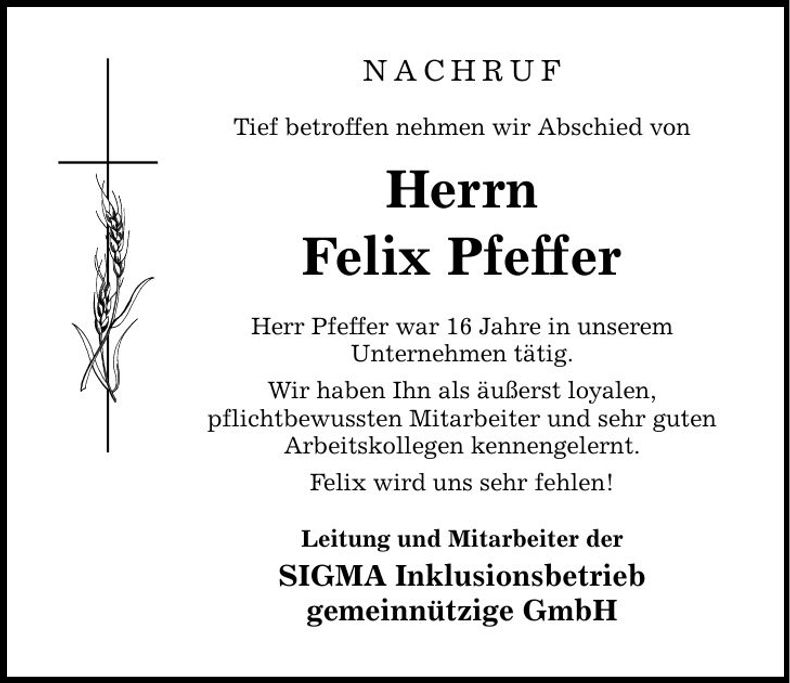 Traueranzeige Felix Pfeffer