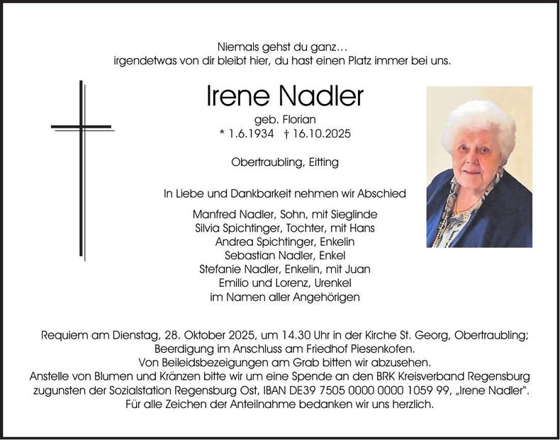 Traueranzeige Irene Nadler