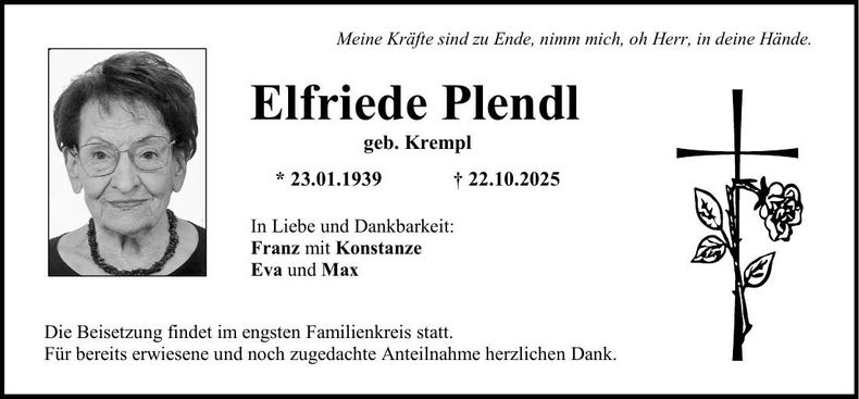 Traueranzeige Elfriede Plendl