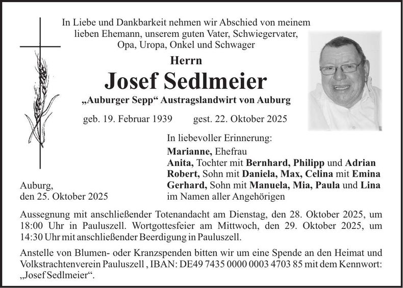 Traueranzeige Josef Sedlmeier