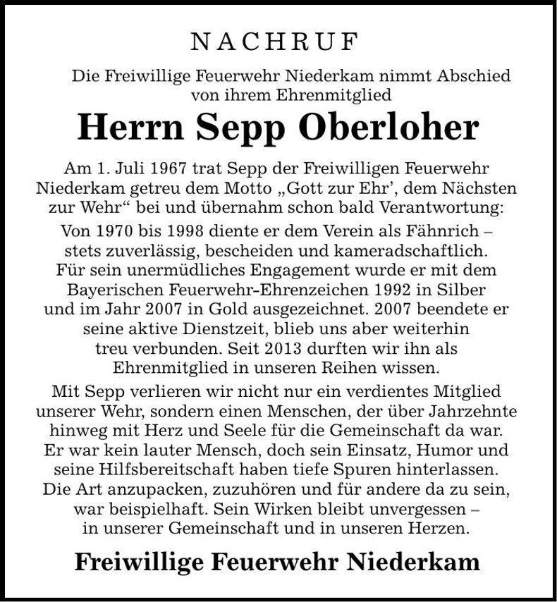 Traueranzeige Sepp Oberloher
