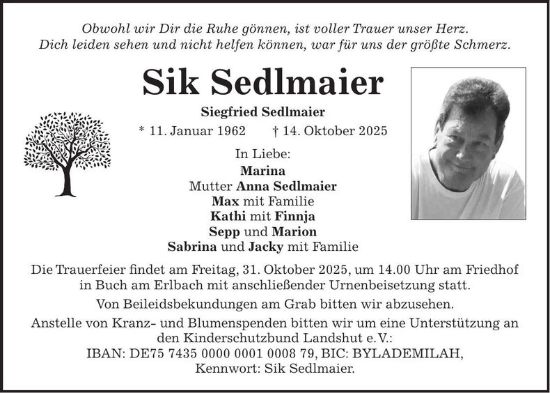 Traueranzeige Siegfried Sedlmaier