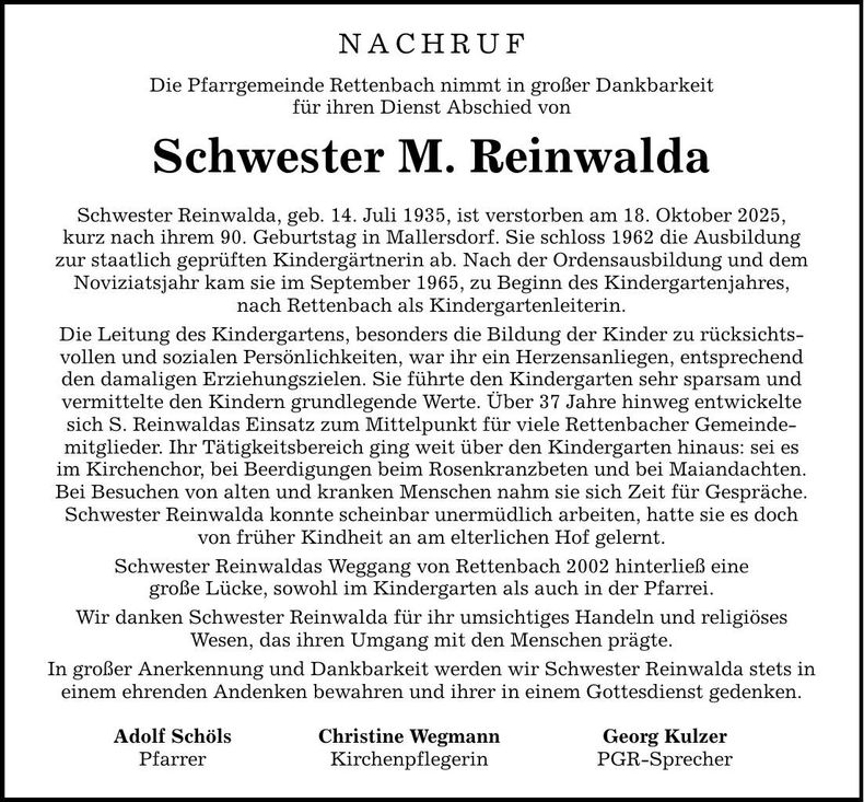 Traueranzeige M. Reinwalda Schwester