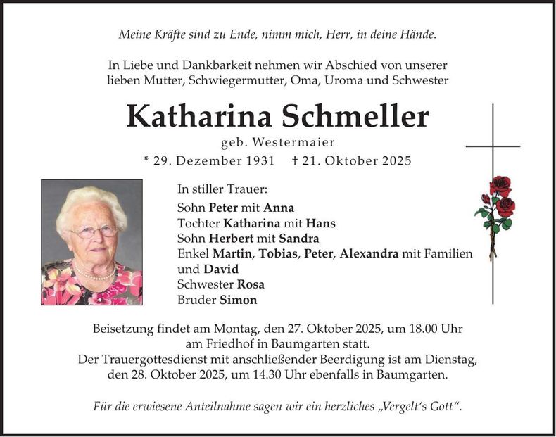 Traueranzeige Katharina Schmeller