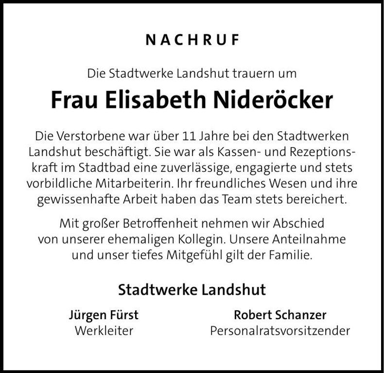 Traueranzeige Elisabeth Nideröcker