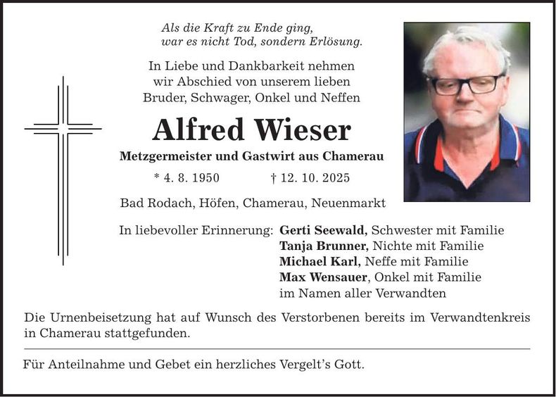 Traueranzeige Alfred Wieser