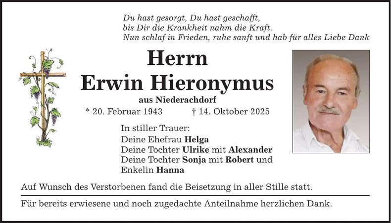 Traueranzeige Erwin Hieronymus