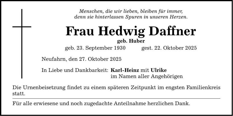 Traueranzeige Hedwig Daffner