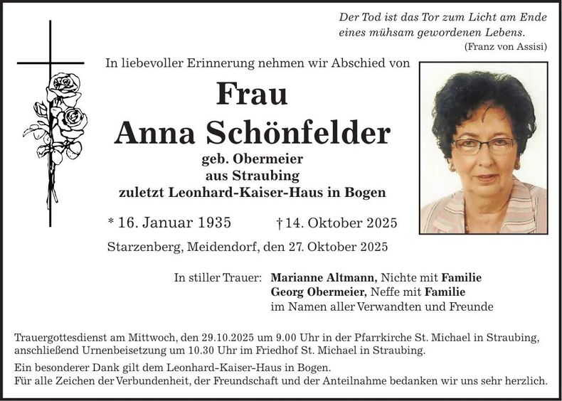 Traueranzeige Anna Schönfelder