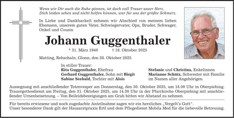 Traueranzeige Johann Guggenthaler
