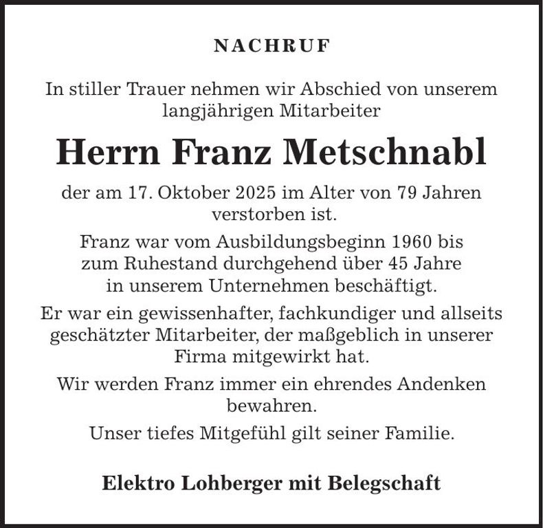 Traueranzeige Franz Metschnabl