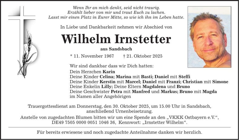 Traueranzeige Wilhelm Irnstetter