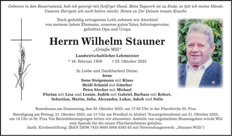 Traueranzeige Wilhelm Stauner