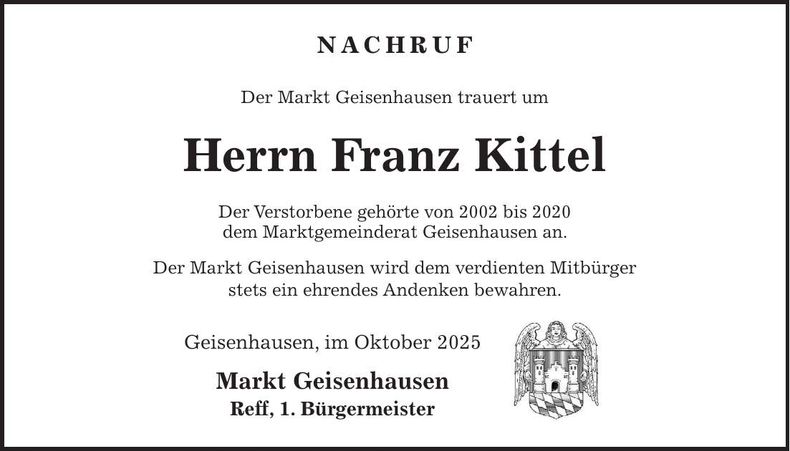 Traueranzeige Franz Kittel