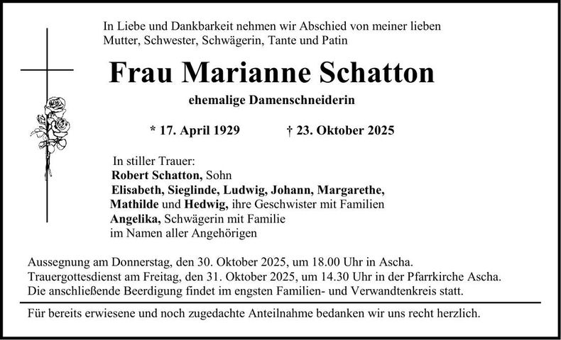 Traueranzeige Marianne Schatton