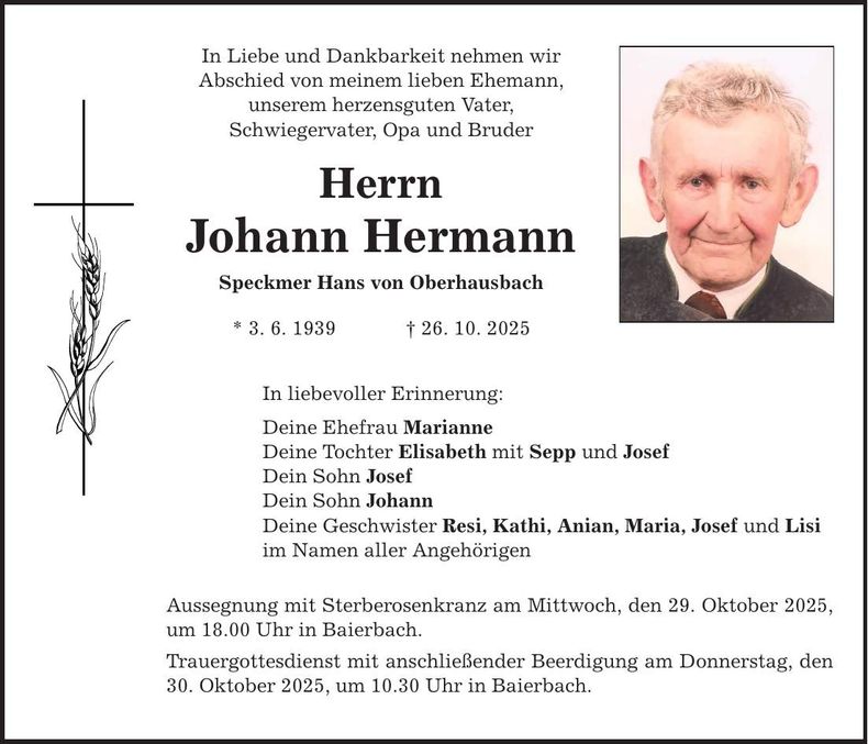 Traueranzeige Johann Hermann