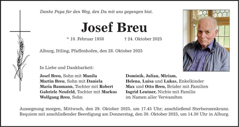 Traueranzeige Josef Breu