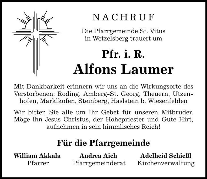 Traueranzeige Alfons Pfr. i. R. Laumer