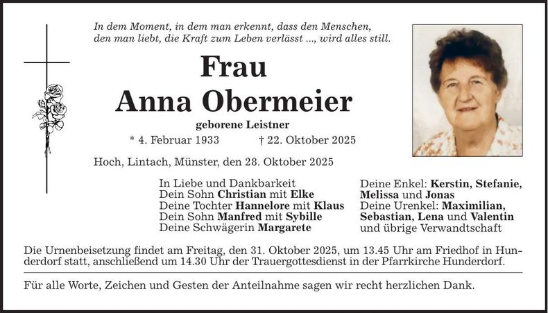 Traueranzeige Anna Obermeier