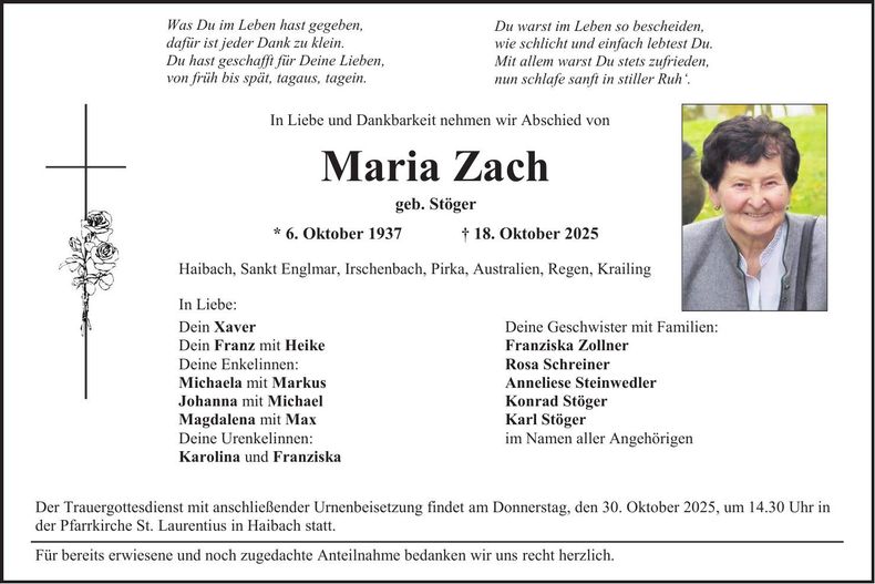 Traueranzeige Maria Zach