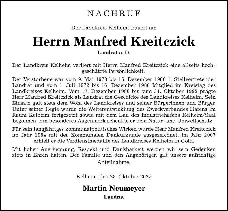 Traueranzeige Manfred Kreitczick