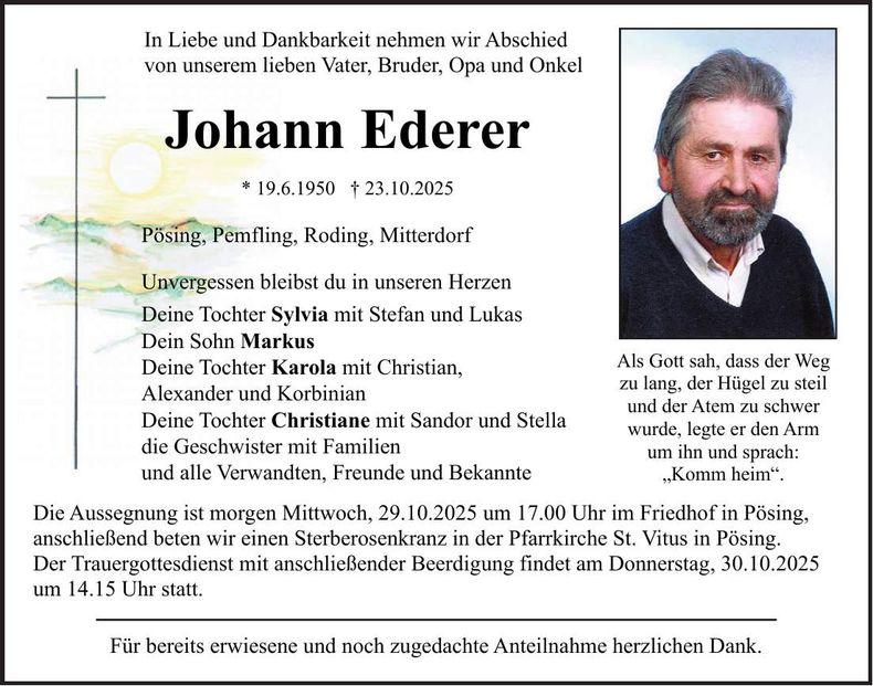 Traueranzeige Johann Ederer