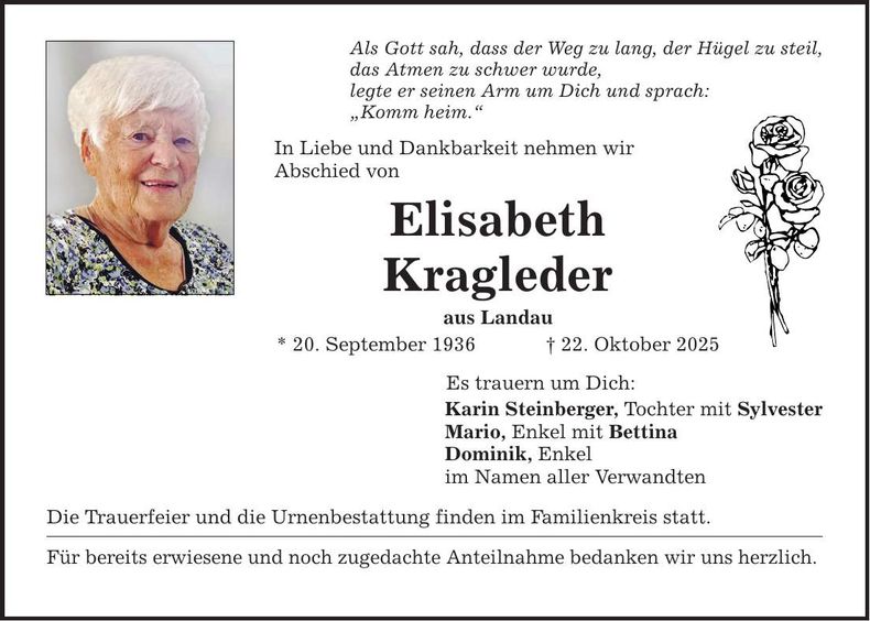 Traueranzeige Elisabeth Kragleder