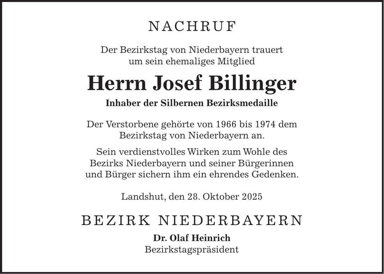 Traueranzeige Josef Billinger