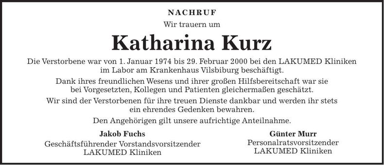Traueranzeige Katharina Kurz
