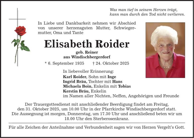 Traueranzeige Elisabeth Roider