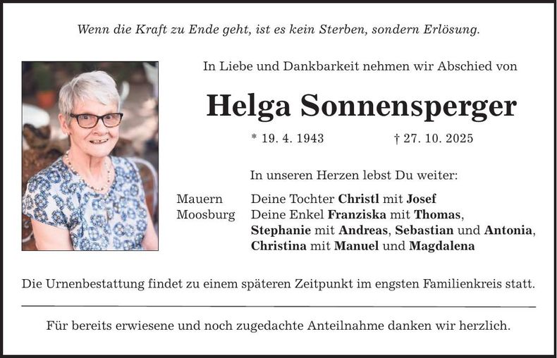 Traueranzeige Helga Sonnensperger