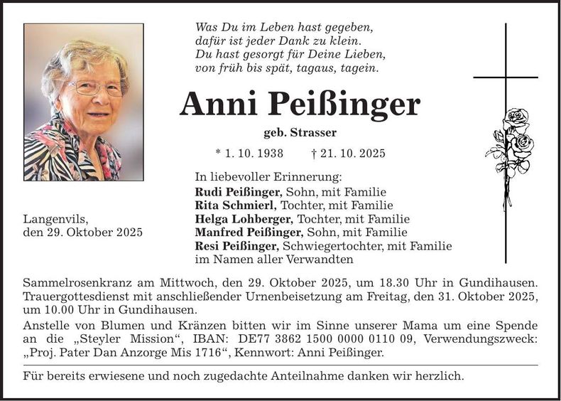 Traueranzeige Anni Peißinger