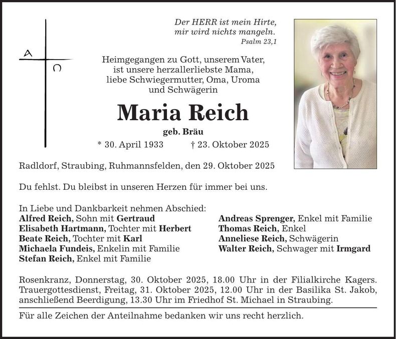 Traueranzeige Maria Reich