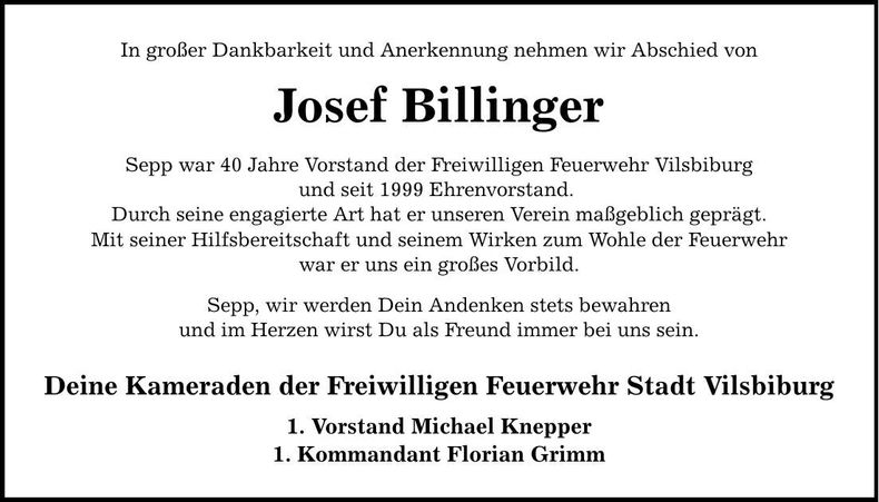 Traueranzeige Josef Billinger