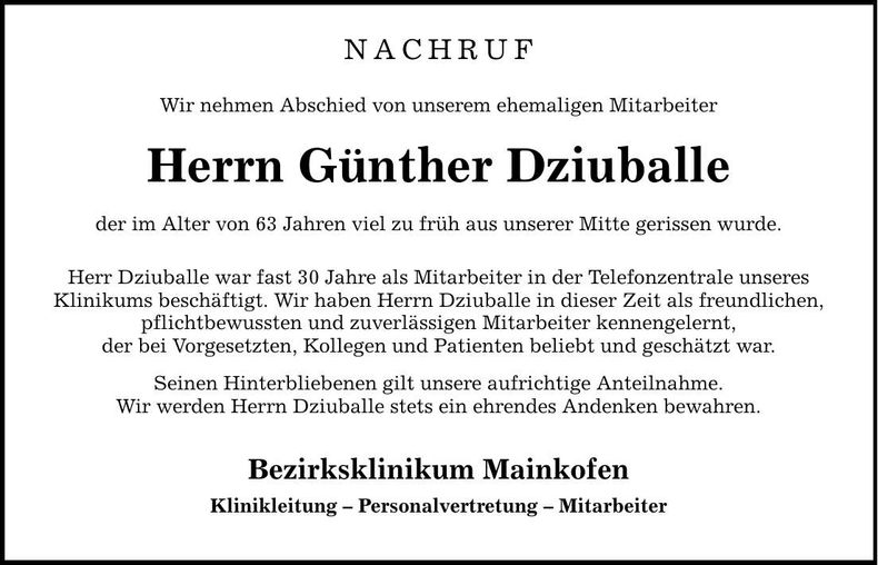 Traueranzeige Günther Dziuballe