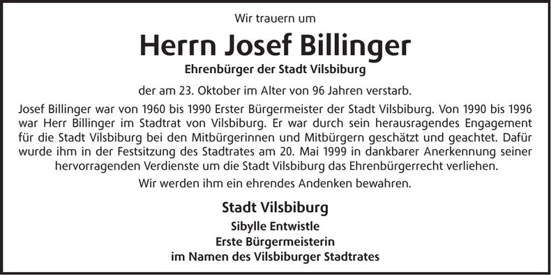 Traueranzeige Josef Billinger