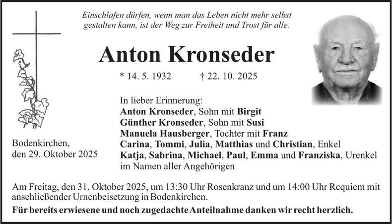Traueranzeige Anton Kronseder