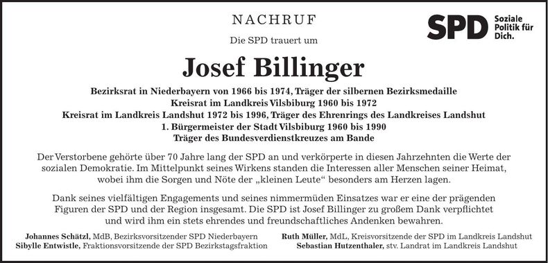 Traueranzeige Josef Billinger