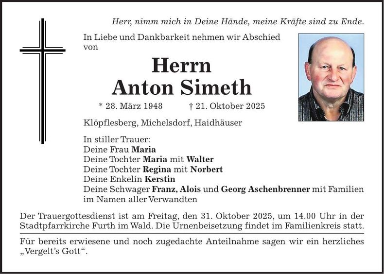 Traueranzeige Anton Simeth