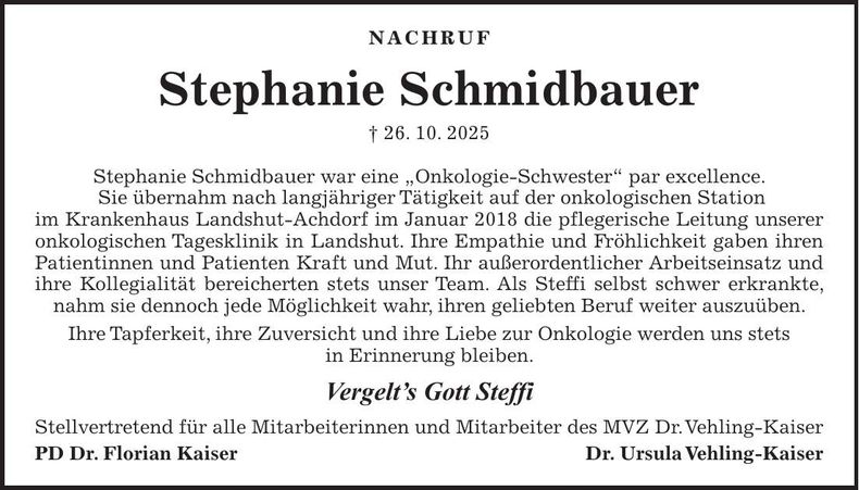 Traueranzeige Stephanie Schmidbauer