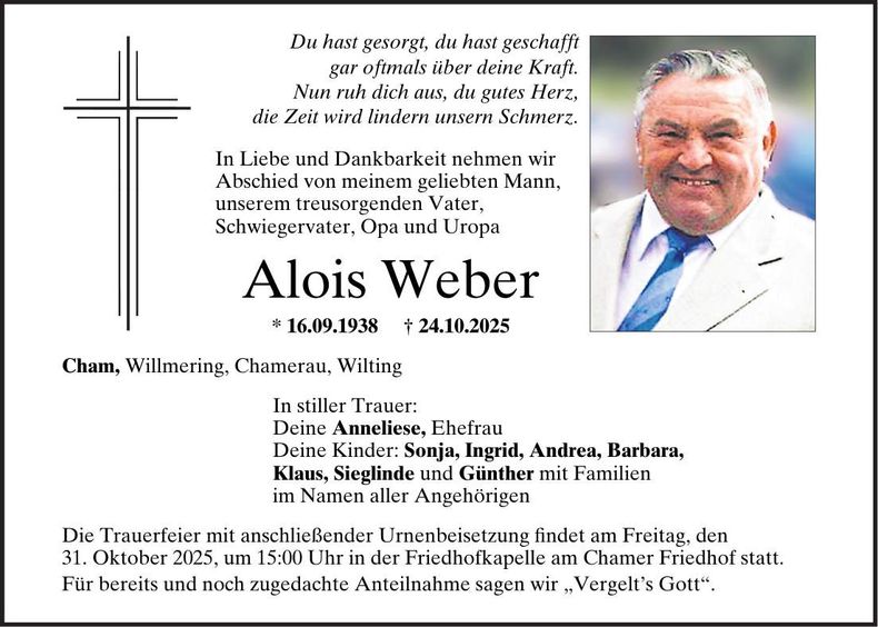 Traueranzeige Alois Weber