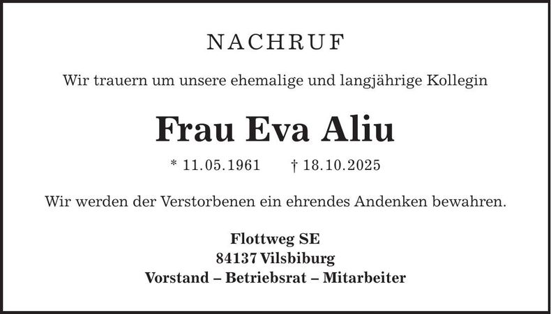 Traueranzeige Eva Aliu