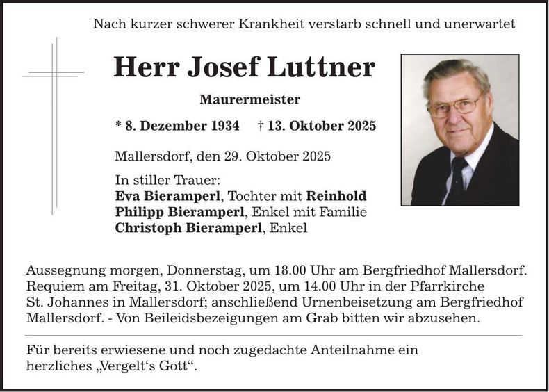Traueranzeige Josef Luttner